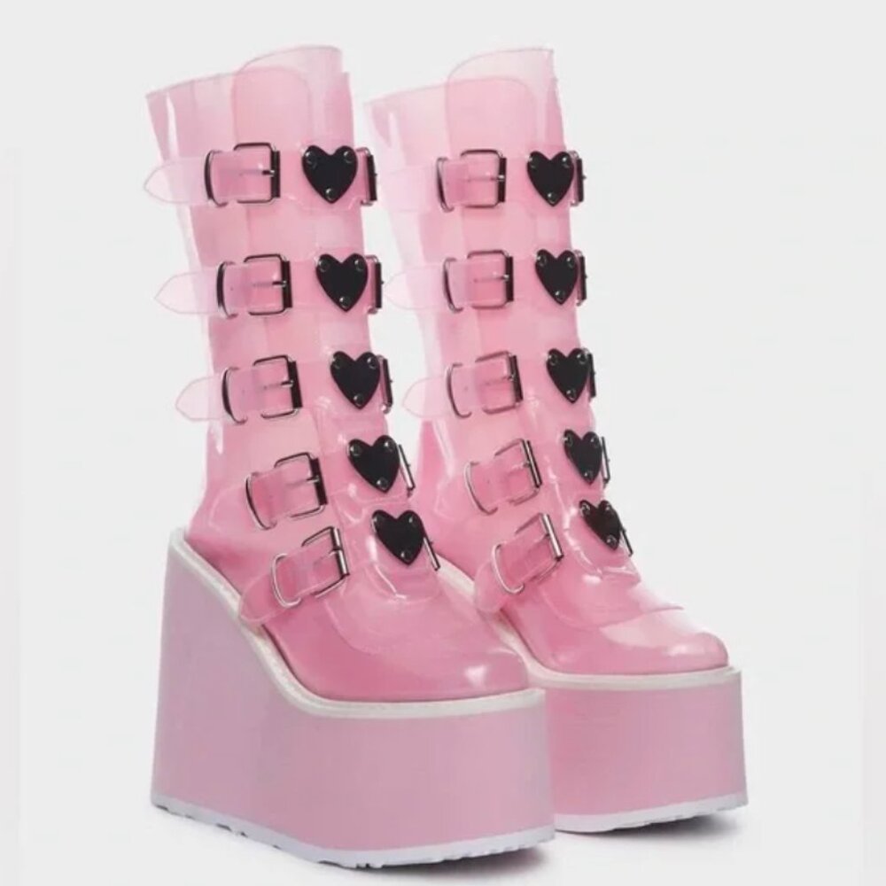 DEMONIA Lovesick Clear Vinyl Mid Calf Platform Boots Heart Buckles Baby Pink 8